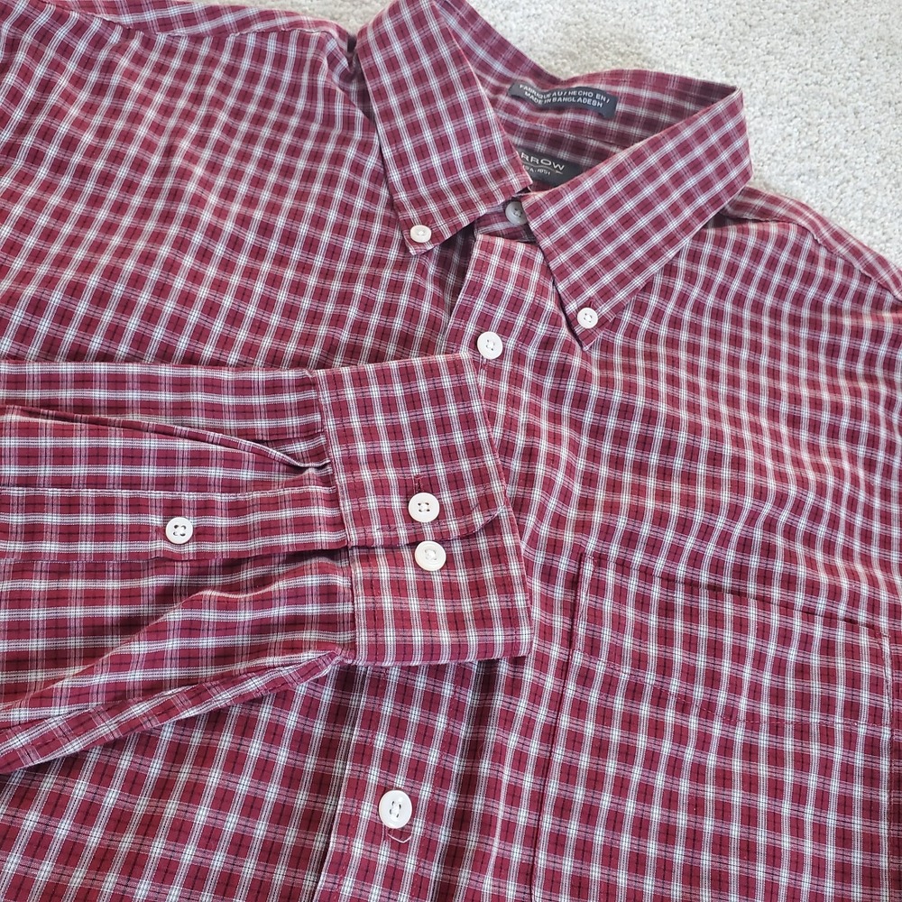 Arrow Men's Button Up Shirt Size L Dk Red Check Long Sleeve